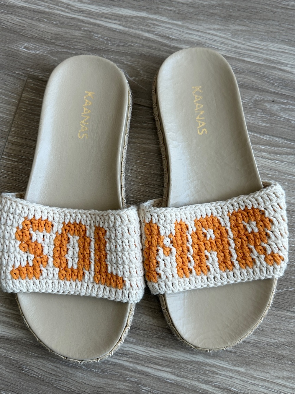 Kaanas Cream Crochet Slide Sandals with Orange Lettering